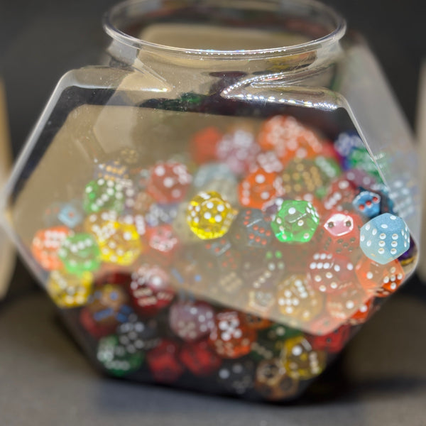 Plastic container with 200 DoubleSIx Dice. 